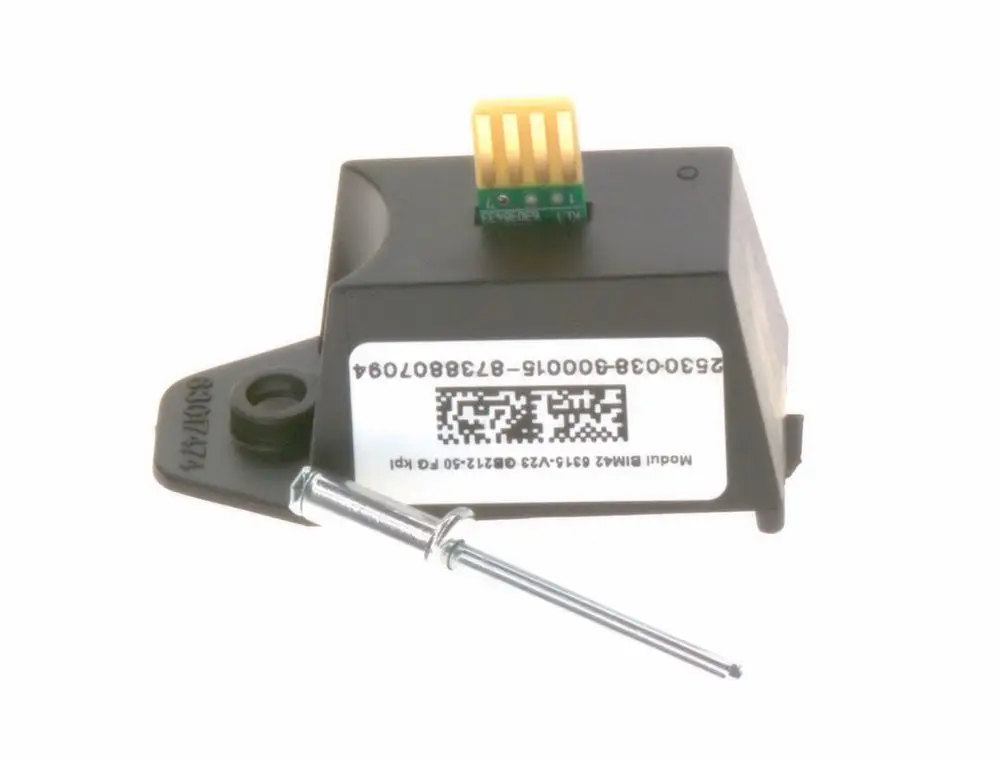 Bosch Modul mit einer schwarzen Gehäusestruktur, abgerundet, mit einer grünen Elektronikplatine und einer Metallstange zur Befestigung.